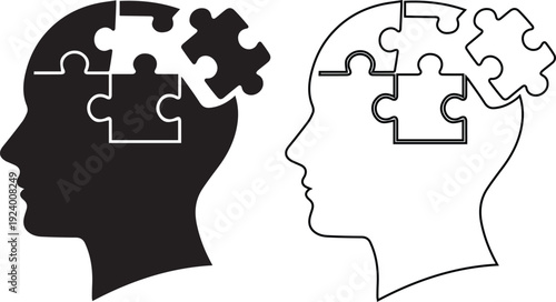 Human head silhouette with puzzle pieces symbolizing autism awareness, mental health support, neurodiversity, cognitive development, and brain problem solving concept illustration