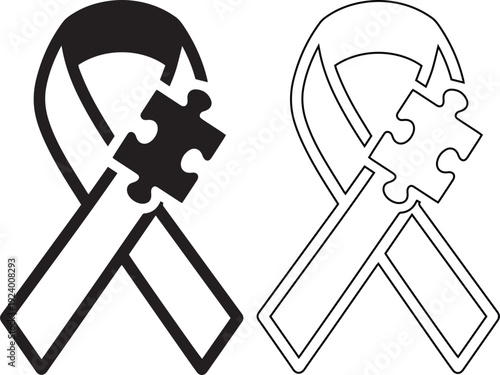 Black autism awareness ribbon with puzzle piece icon representing neurodiversity, disability support, mental health advocacy, and inclusive community acceptance symbol