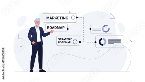 Businessman presenting marketing strategic roadmap with charts and diagrams
