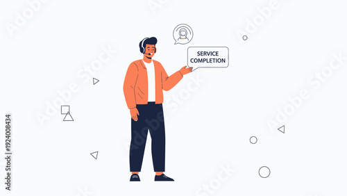Customer service representative with headset, service completion message bubble