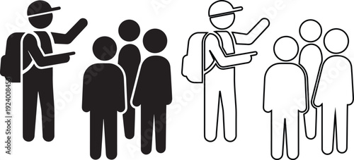 Tour guide leading tourist group during excursion for travel agency marketing educational field trips and vacation planning signage