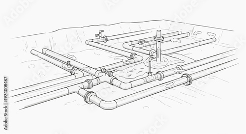An illustration of pipes and valves in an industrial setting with multiple connections and intersections.