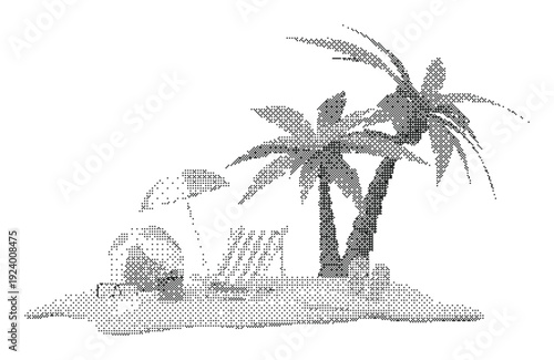 Island halftone dither illustration of tropical beach scene with palm trees