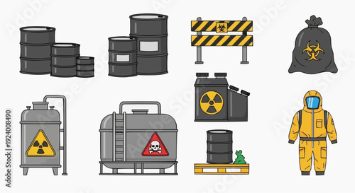 A collection of hazardous materials and equipment in a industrial setting with barrels and a person