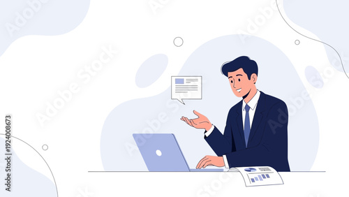 Businessman working on laptop, explaining concept with speech bubble, modern office illustration