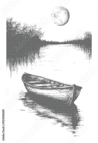 Boat halftone dither night illustration under full moon reflecting on still lake surface
