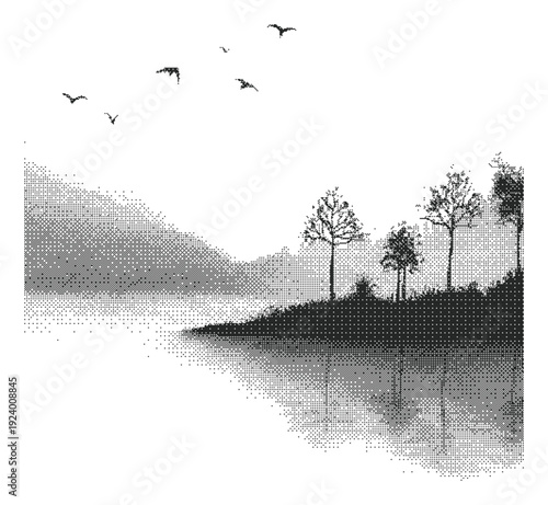 Landscape halftone dither lake reflection illustration with trees and flying birds at horizon