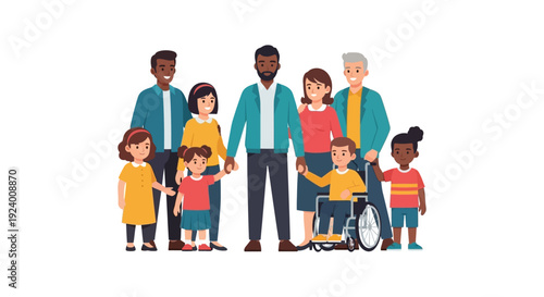 Embracing Diversity: Illustrated Multi-Generational Family with Children, Including a Boy in a Wheelchair, Reflecting Inclusivity and Love