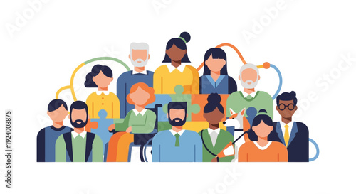 Diverse Inclusive Community Concept: Group of Multiracial People of Different Ages and Abilities Connected by Puzzle Pieces, Representing Unity and Support.