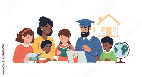 Diverse Family Homeschooling and Online Learning. Children Study with Parents and Tutor at Home, Flat Illustration.
