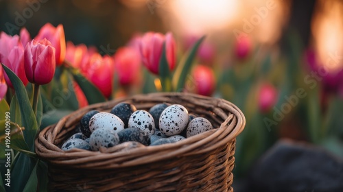 A woven basket filled with speckled eggs, surrounded by vibrant tulips glowing in warm sunlight