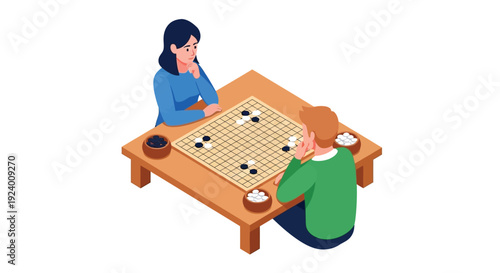 Two people engaged in a game of go on a wooden table