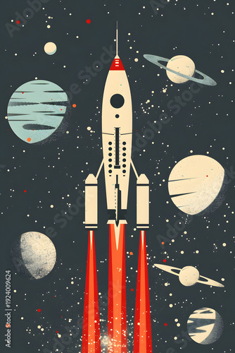 Vintage rocket launches into colorful nebulae and distant celestial bodies.