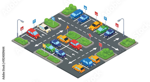 Isometric view of a busy parking lot with various colored vehicles