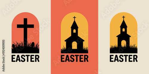 Religious Easter themed graphic with church silhouette and cross on colorful backgrounds