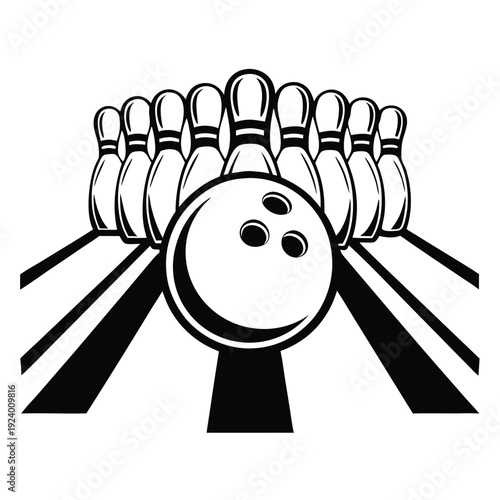 A black and white bowling ball rolls toward the pins along the lane