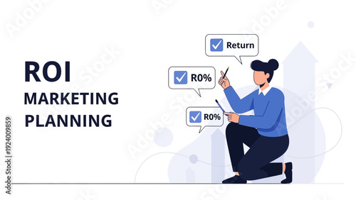 Business woman planning ROI marketing strategy with checklist and analytics graph