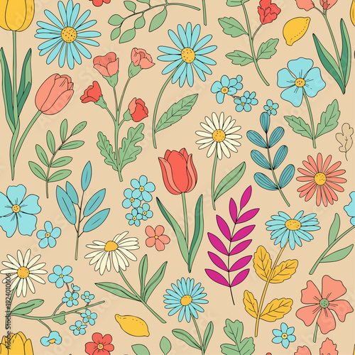 Seamless floral design featuring soft colors and decorative botanical elements