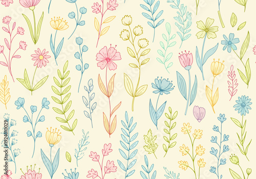 Gentle floral pattern with playful blossoms and flowing leafy motifs