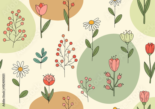 Seamless botanical wallpaper inspired by nature and folk art style