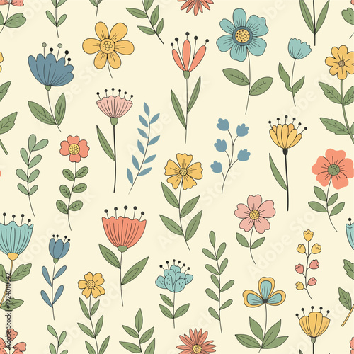 Cozy seamless floral design with warm colors and hand-drawn details