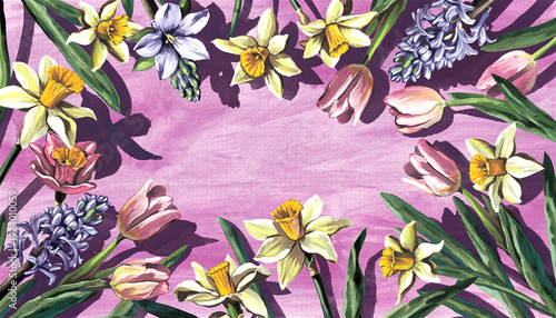 lush spring flowers forming a decorative border on a vibrant pink background, featuring blooming daffodils pink tulips and purple hyacinths with green leaves