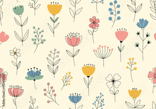 Hand-drawn botanical wallpaper with playful flowers and warm neutral tones