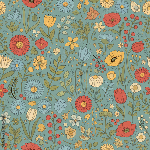 Decorative botanical pattern illustration with stylized flowers and leafy accents
