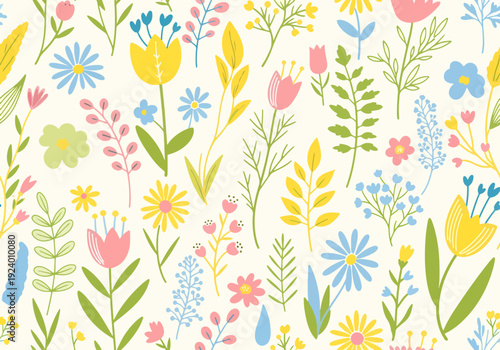 Vintage inspired floral pattern featuring pastel blossoms and cozy natural vibe