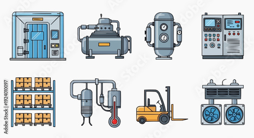 Industrial equipment and machinery in a factory setting with various tools and vehicles