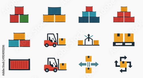A collection of warehouse icons depicting boxes, containers, and industrial equipment in various settings.