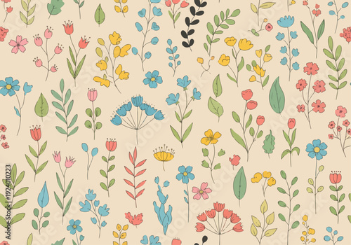 Seamless decorative botanical background with playful flowers and organic flow