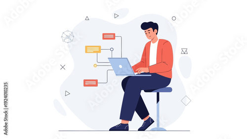 Man working on laptop, flow chart diagram, modern office, digital technology concept