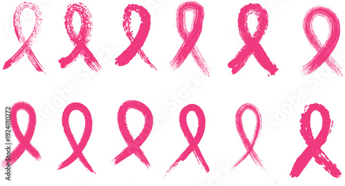 Hand-drawn pink breast cancer awareness ribbon icons set with brush stroke texture on white background