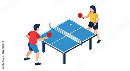 Isometric illustration of a man and woman playing table tennis