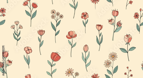 Folk inspired floral illustration with playful flowers and warm natural palette