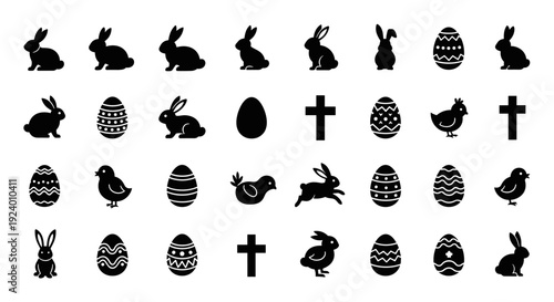 Collection of Easter-themed black silhouette icons: bunnies chicks eggs and crosses