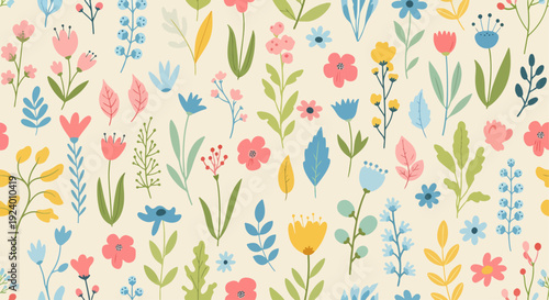 Artistic spring floral background with pastel wildflowers and flowing leaves