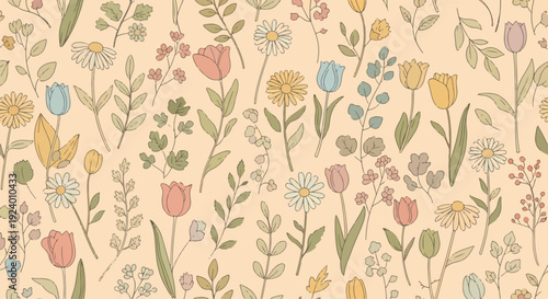 Gentle botanical wallpaper with soft colors and whimsical floral elements