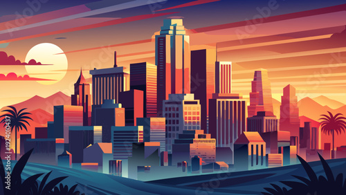 Very beautiful Los Angeles city skyline sunset vector illustration capturing glowing horizons and stylized skyscrapers in warm California tones ideal for travel and branding projects.
