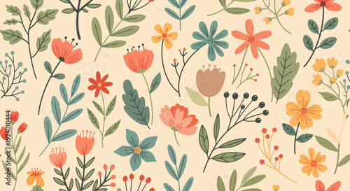 Seamless spring botanical background with playful flowers and organic shapes