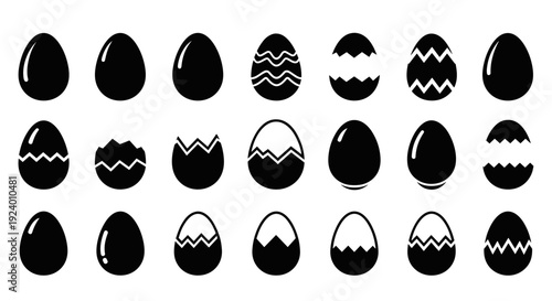 Set of Black and White Cracked Egg Icons Representing Birth and New Life Concept