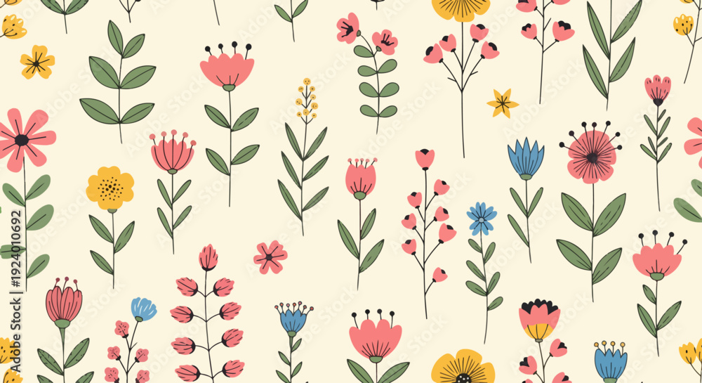 Fototapeta premium Seamless botanical wallpaper inspired by nature and folk art style