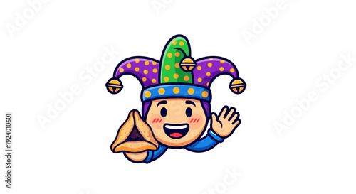 Happy Purim Jester Character Eating Hamantasch Cookie with Joyful Expression
