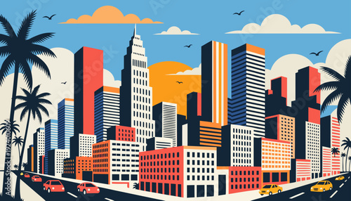 Very beautiful Los Angeles city skyline sunset vector illustration capturing glowing horizons and stylized skyscrapers in warm California tones ideal for travel and branding projects.
