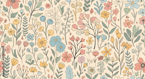 Decorative botanical wallpaper with charming flowers and natural color palette