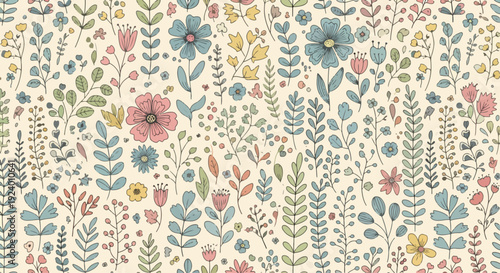 Vintage folk style floral pattern with pastel blossoms and organic composition