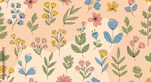 Gentle floral pattern with playful blossoms and flowing leafy motifs