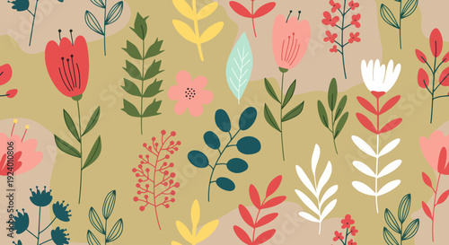 Seamless floral wallpaper with playful hand-illustrated flowers and cozy organic vibes