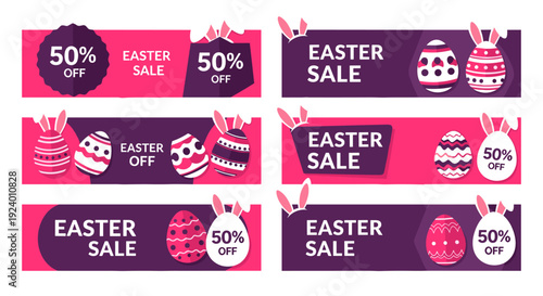 Vibrant Easter Sale Banners with Decorated Eggs and Rabbit Ears - 50% Off Promotion
